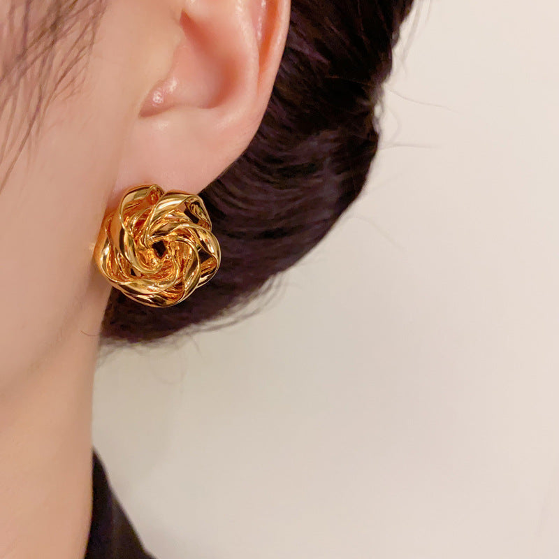 14K Gold-Plated Rose Stud Earrings - Vintage 3D Floral Design