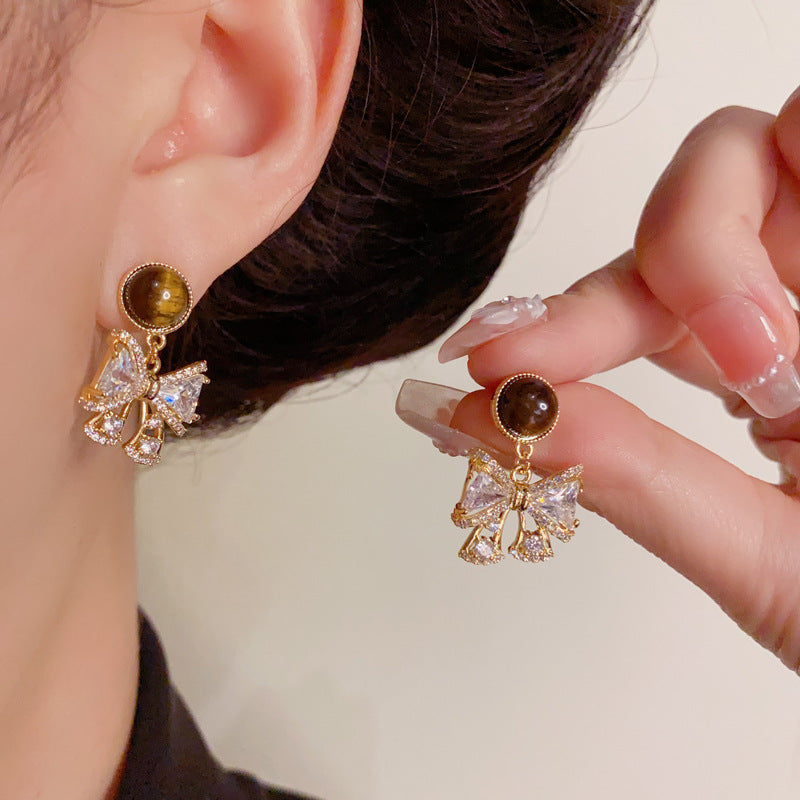 Luxury Zircon Bow & Tiger's Eye Drop Gold Earrings – Elegant Design
