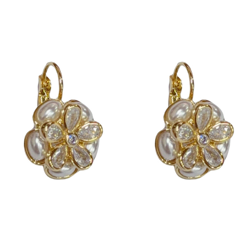 Eaioncol Floral Pearl CZ Petal Hoop Earrings Gold