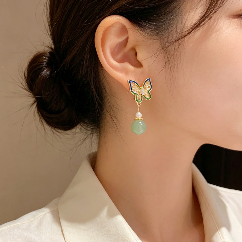 Eaioncol Enamel Butterfly Bead Tassel Drop Earrings Gold