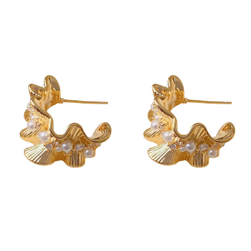 Elegant Zircon Pearl Ruffled Edge Hoop Earrings – Vintage Design