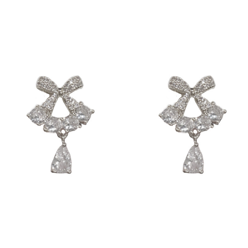 Elegant Zircon Bow Teardrop Drop Earrings – French Minimalist Design