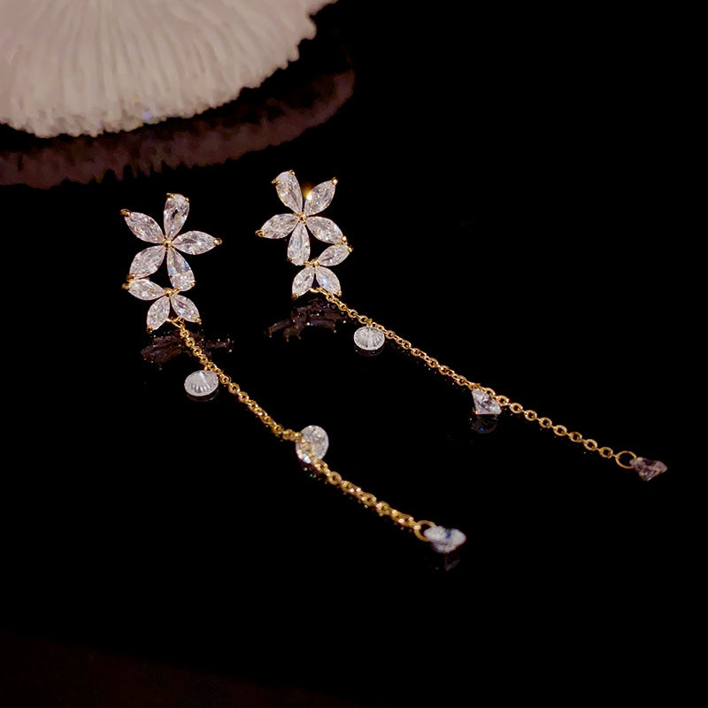 14K Gold-Plated Zircon Flower Tassel Earrings -Sweet & Elegant Jewelry