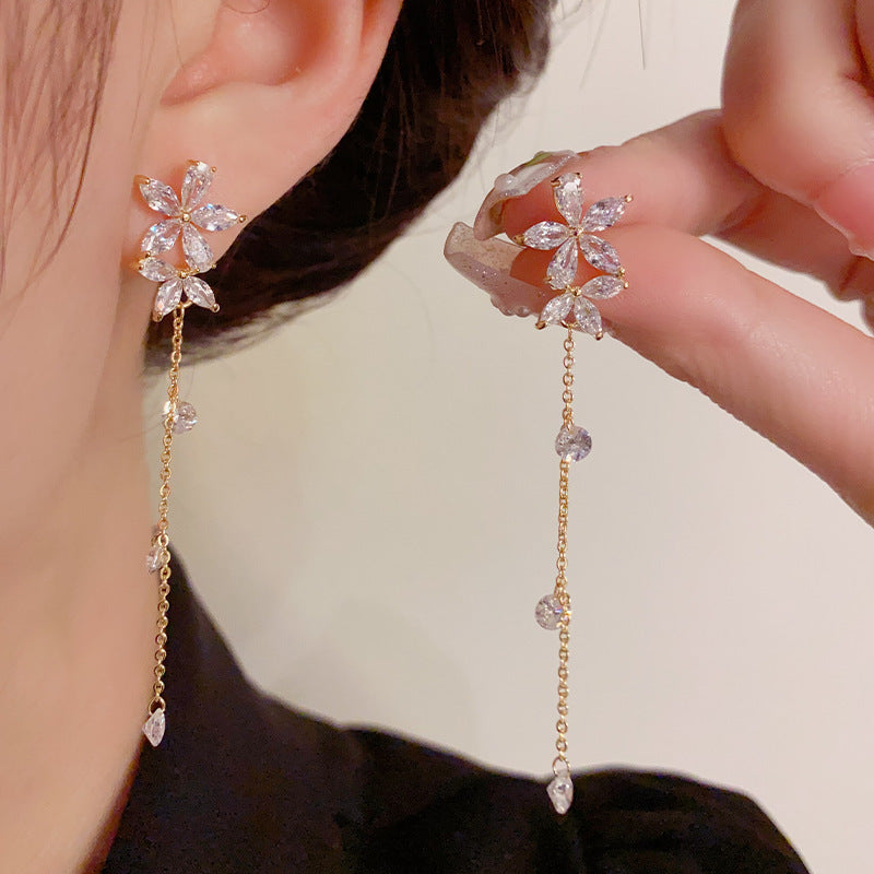 14K Gold-Plated Zircon Flower Tassel Earrings -Sweet & Elegant Jewelry