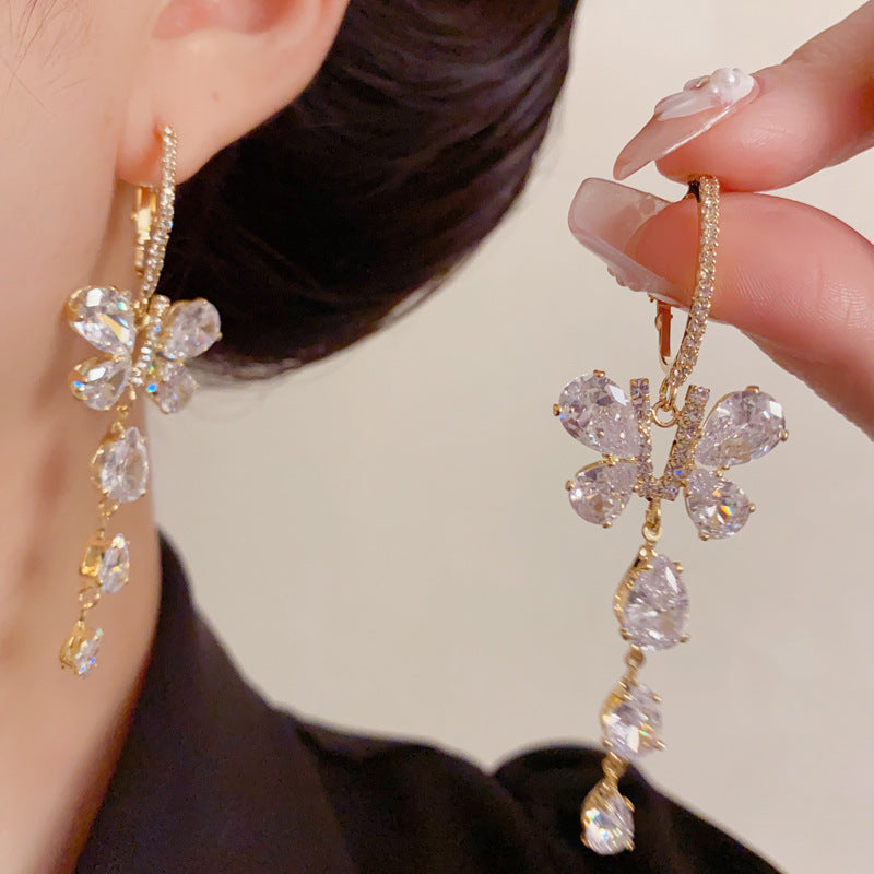 Luxury Full-Zircon Butterfly Tassel Drop Earrings – Elegant Design
