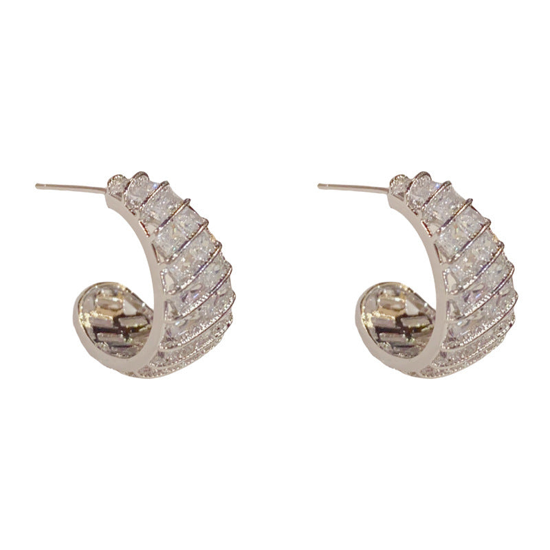 Gold C-Shape Zircon Hoop Earrings – 925 Silver Post for Sensitive Ears