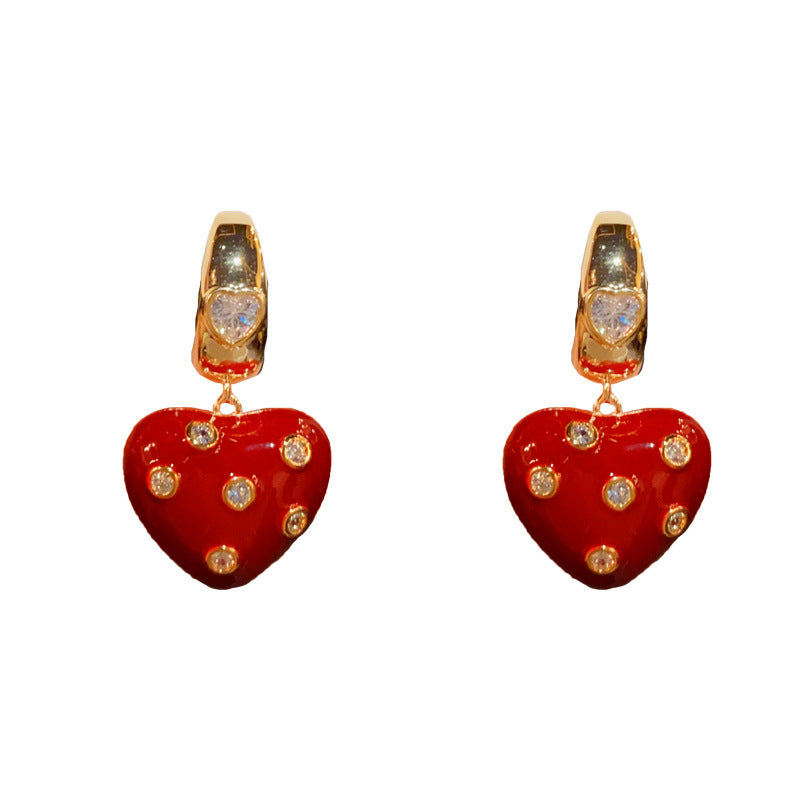 14K Gold-Plated Red Heart Polka Dot Drop Earrings - Chic & Minimalist