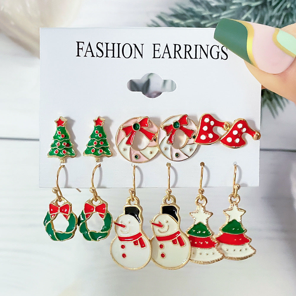 Christmas Earrings Cartoon Ear Stud Set - with Enamel Finish