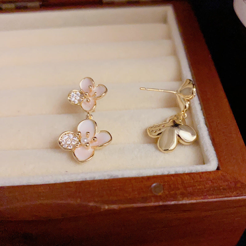 14K Gold-Plated Pink Flower Drop Earrings – Elegant Korean Style
