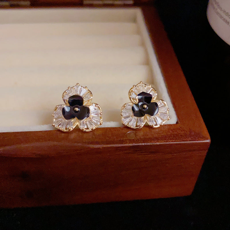 14K Gold-Plated Diamond-Studded 3-Petal Flower Earrings - Elegant Chic