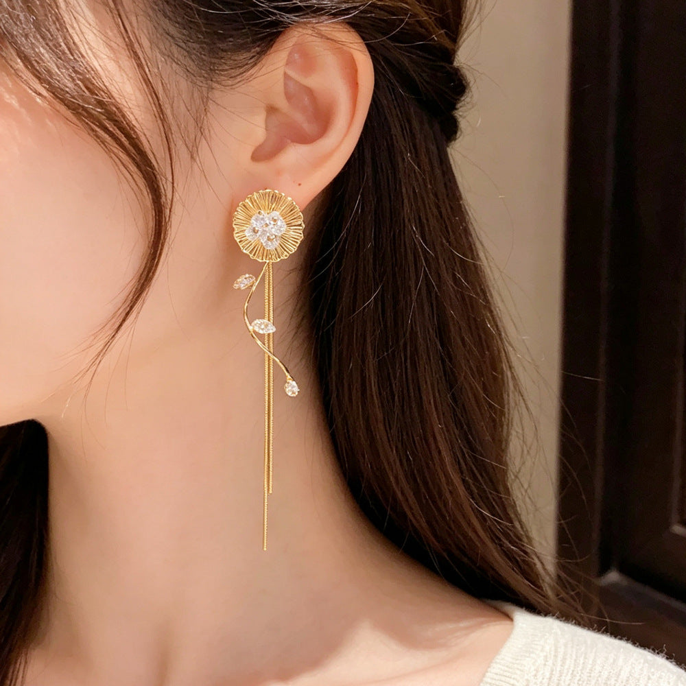 Eaioncol CZ Petal Tassel Drop Earrings 14K Gold Plated