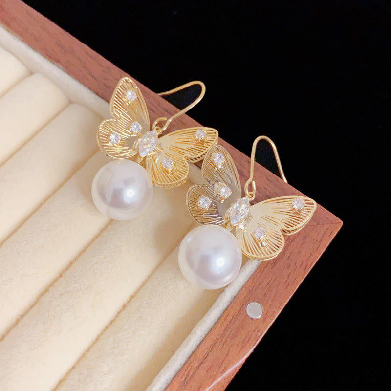 Gold Butterfly Pearl Ear Hooks – Dainty Work Earrings