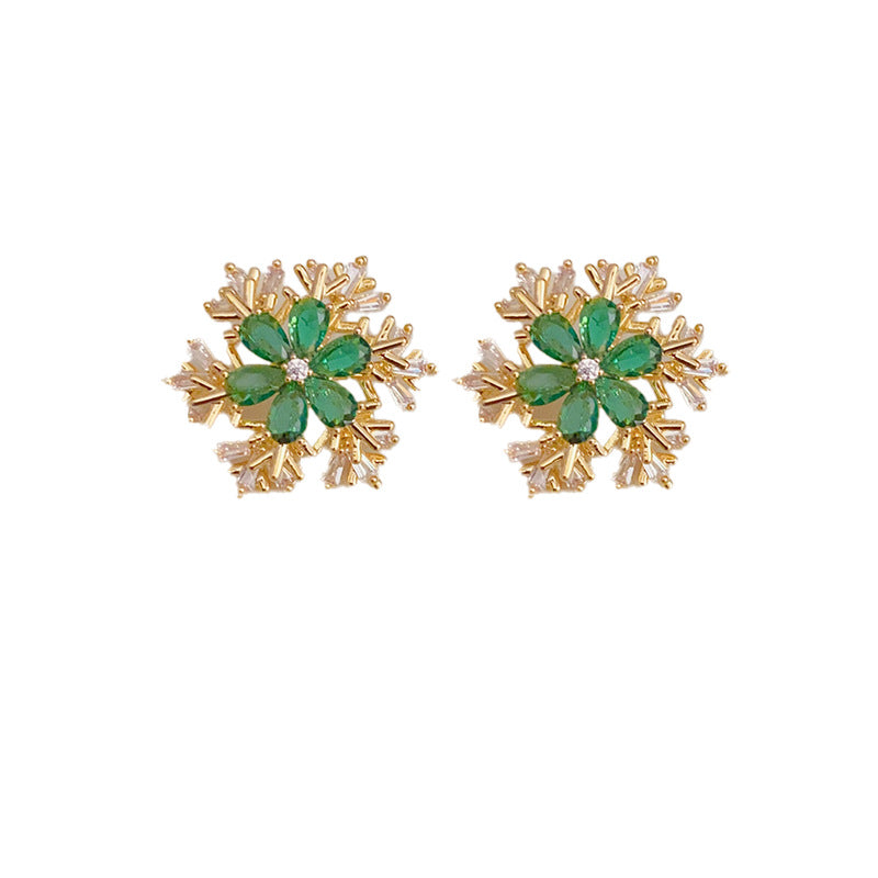 14K Gold-Plated Rotating Zircon Snowflake Stud Earrings-Winter Jewelry