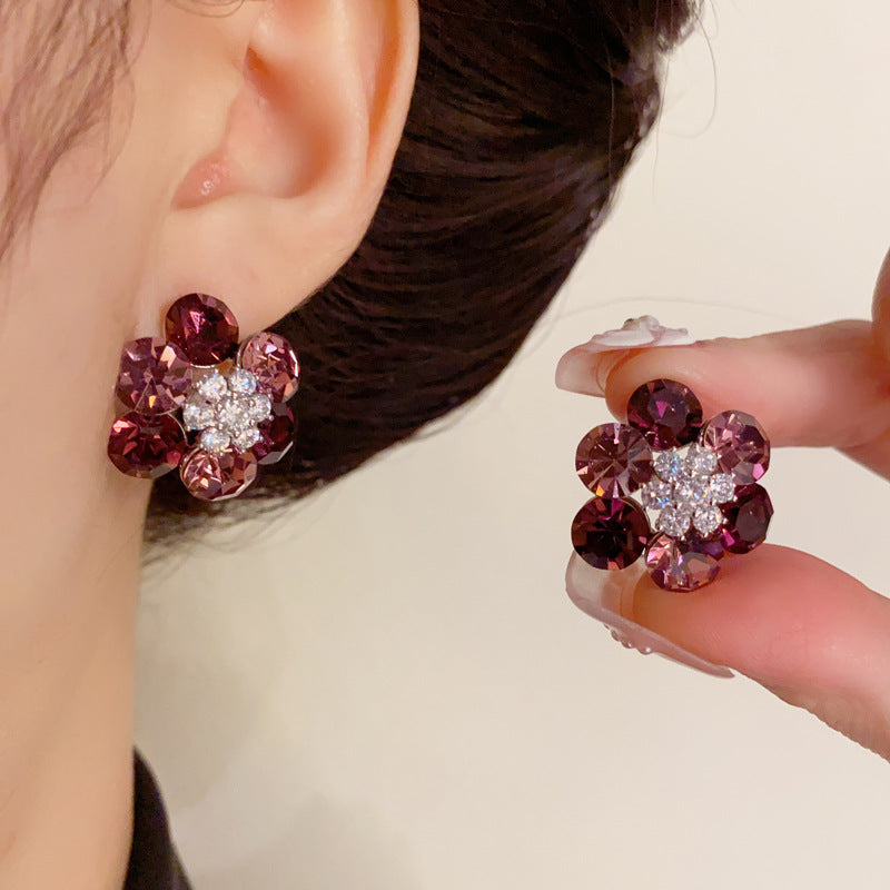 14K Gold-Plated Purple Zircon Flower Stud Earrings - Elegant Luxury