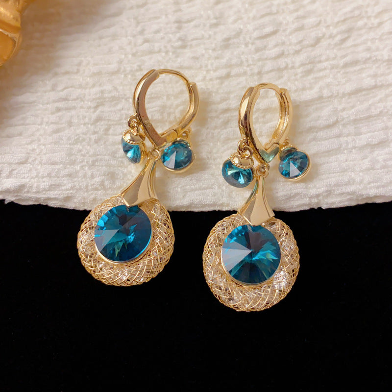Luxury Metal Mesh Blue-Zircon Circle Tassel Earrings – French Design