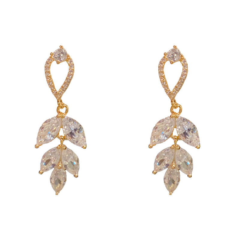 Elegant Zircon Leaf Tassel Drop Earrings – French Botanical Design
