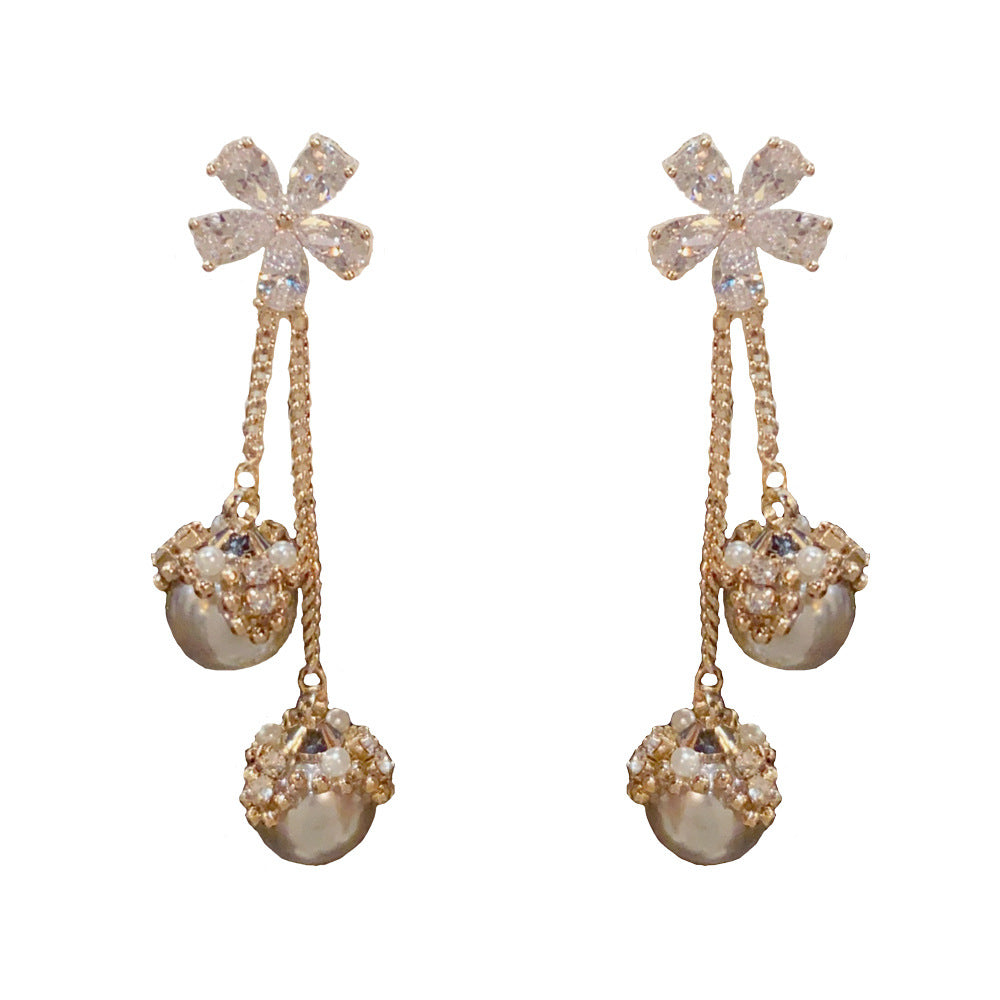 Eaioncol Floral CZ Pearl Tassel Earrings 14K Gold Plated