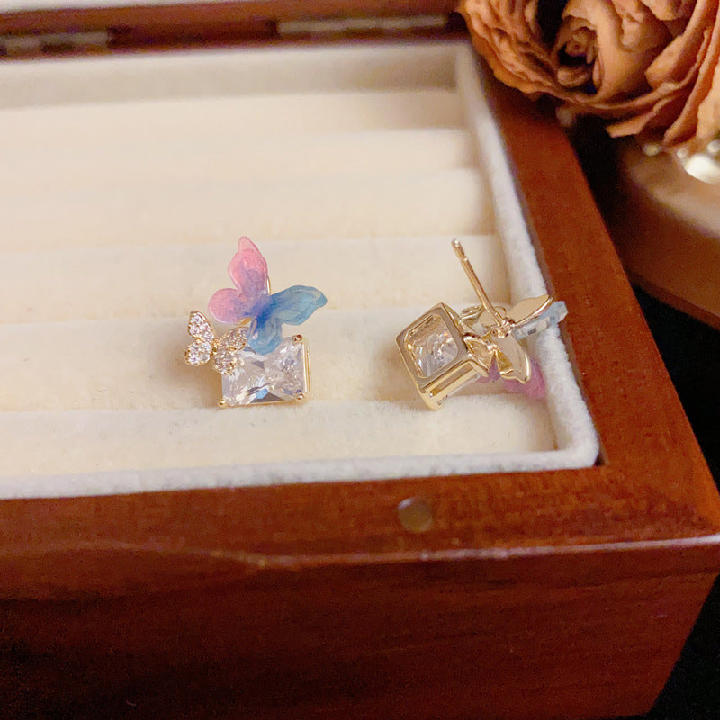 Gradient Butterfly Square Zircon Stud Earrings – S925 Silver Needle