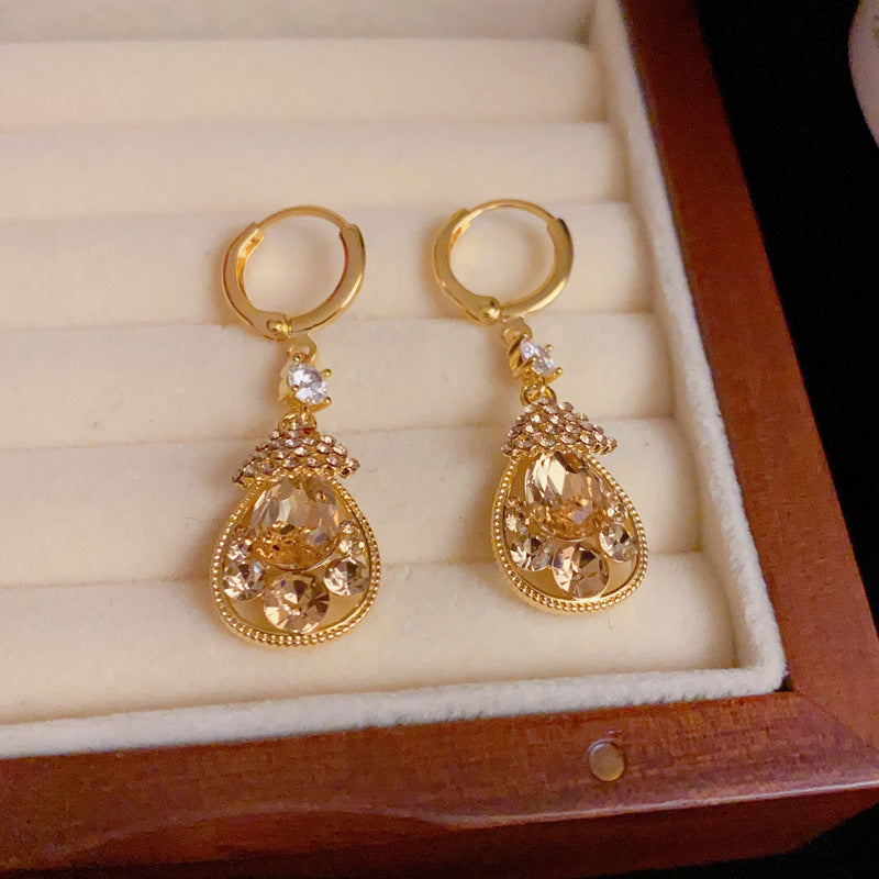 14K Gold-Plated Coffee Full Diamond Waterdrop Earrings -Elegant Design