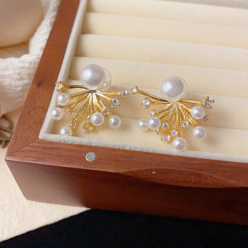 Elegant Pearl Fireworks Rear-Hang Drop Earrings – Retro Sparkle Design