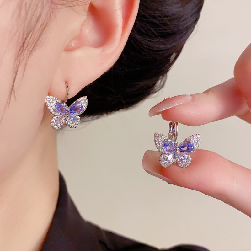 Elegant Zircon Purple Butterfly Hoop Earrings – Minimalist Design