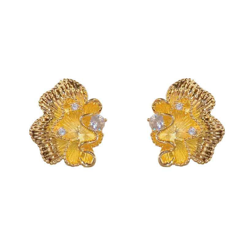 14K Gold-Plated Zircon Flower Petal Stud Earrings -Vintage Style