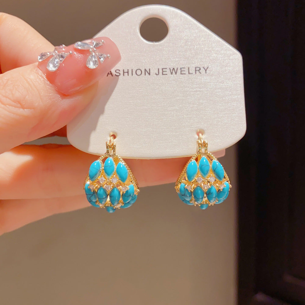 Eaioncol Turquoise Basket Hoop Earrings Gold
