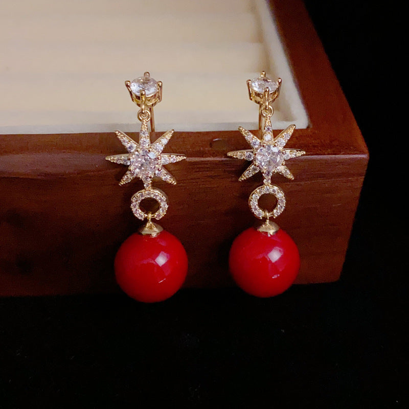 14K Gold-Plated Eight-Point Star Red Pearl Earrings - Elegant Design