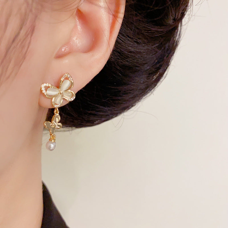 Luxury Zircon Butterfly & Pearl Tassel Drop Earrings – Elegant Design