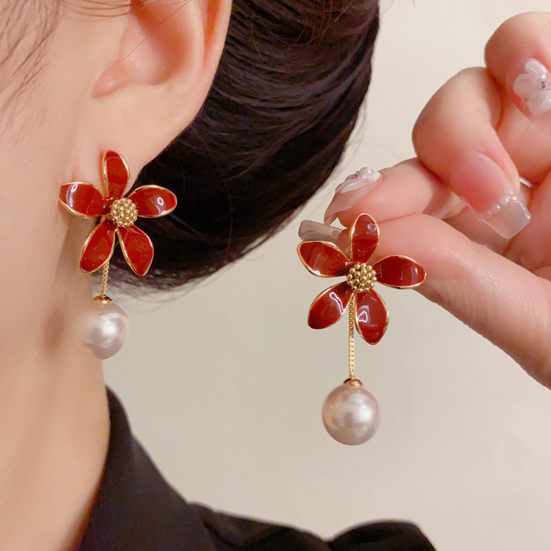 Luxury Red Enamel Petal Pearl Drop Earrings – Floral Design