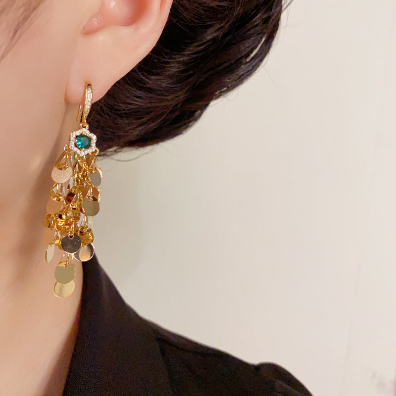 Luxury Zircon Petal Metal Disc Tassel Drop Earrings – Elegant Design