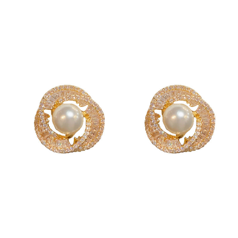 14K Gold-Plated Zircon Pearl Spiral Earrings - Chic Luxury Design