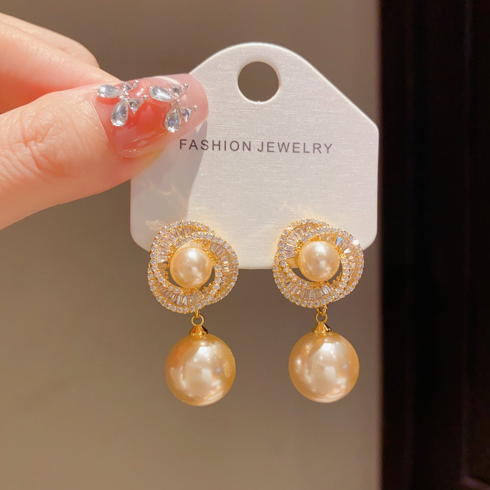 Eaioncol CZ Halo Pearl Drop Earrings 14K Gold Plated