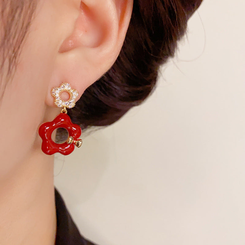 14K Gold-Plated Zircon Red Hollow Petal Earrings - Elegant Design