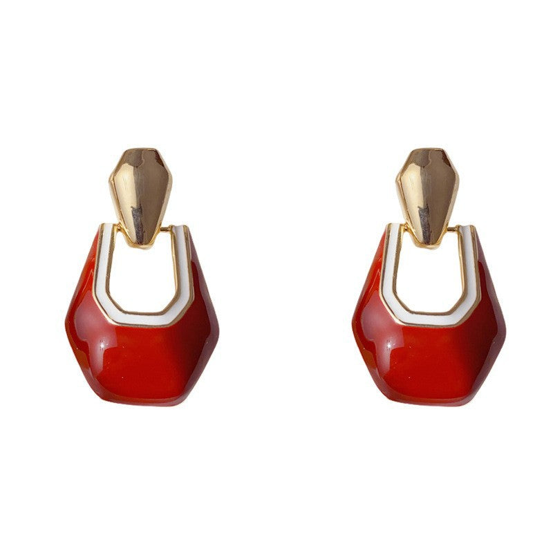 Eaioncol Geometric Enamel Drop Earrings Red Brown