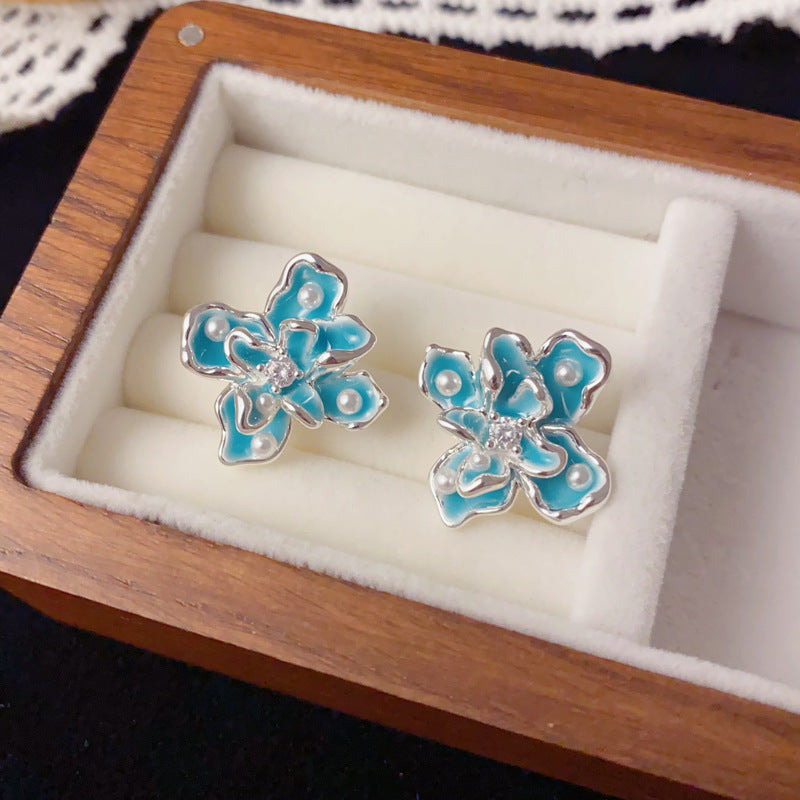 Luxury Blue Enamel Iris Flower Stud Earrings – Floral Design