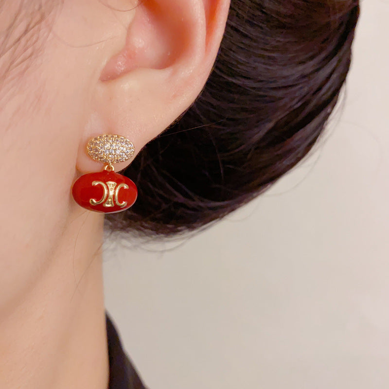 Luxury Red Zircon Arc De Triomphe Oval Drop Earrings – Elegant Design