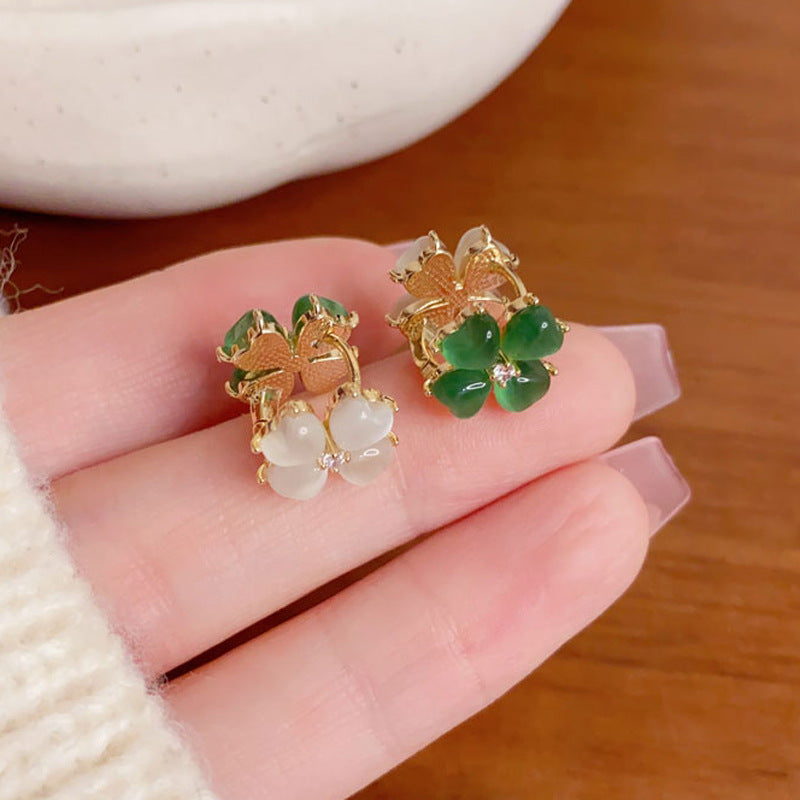 Elegant Double-Sided Four-Leaf Flower Earrings – Reversible Design
