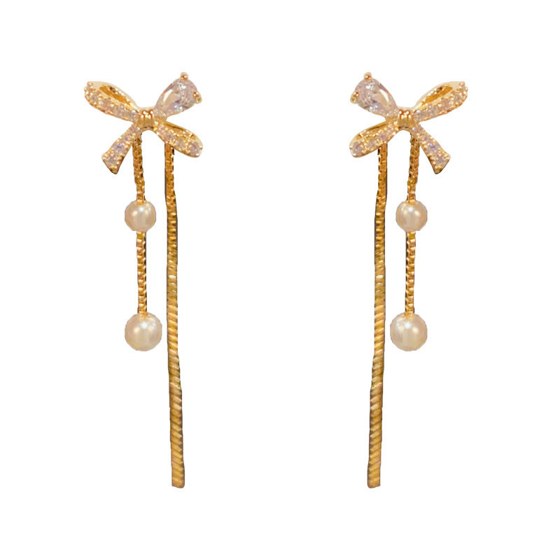 14K Gold-Plated Zircon Butterfly Bow Pearl Tassel Earrings - Long Drop