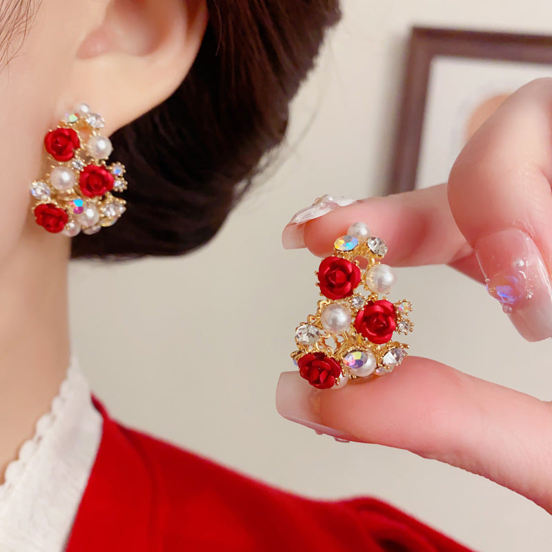 Elegant Zircon Pearl Red Petal Hoop Earrings – Floral Design
