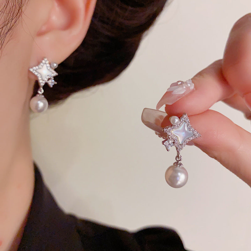 Luxury Mother-of-Pearl Star & Pearl Drop Earrings – Elegant Design