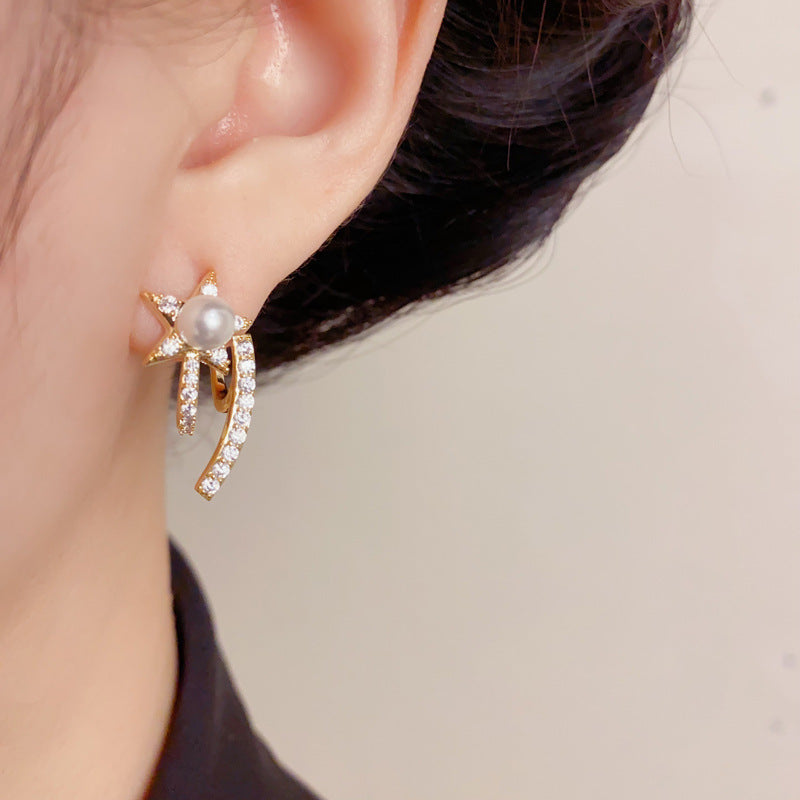 Elegant Zircon Pearl Star Geometric Stud Earrings – Minimalist Design