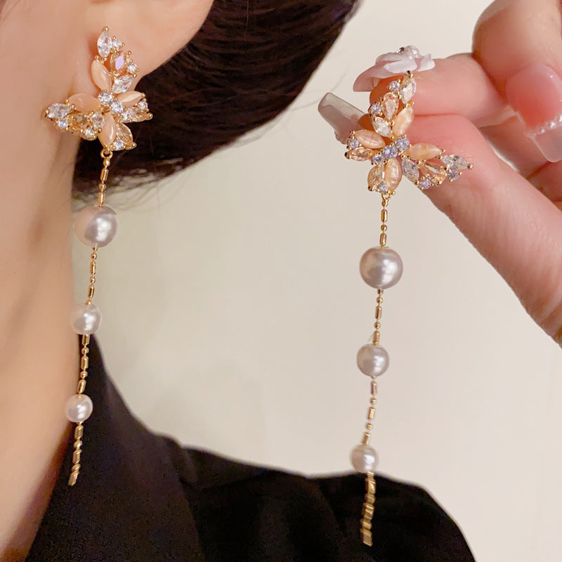 14K Gold-Plated Zircon Butterfly Pearl Tassel Earrings -Elegant Design