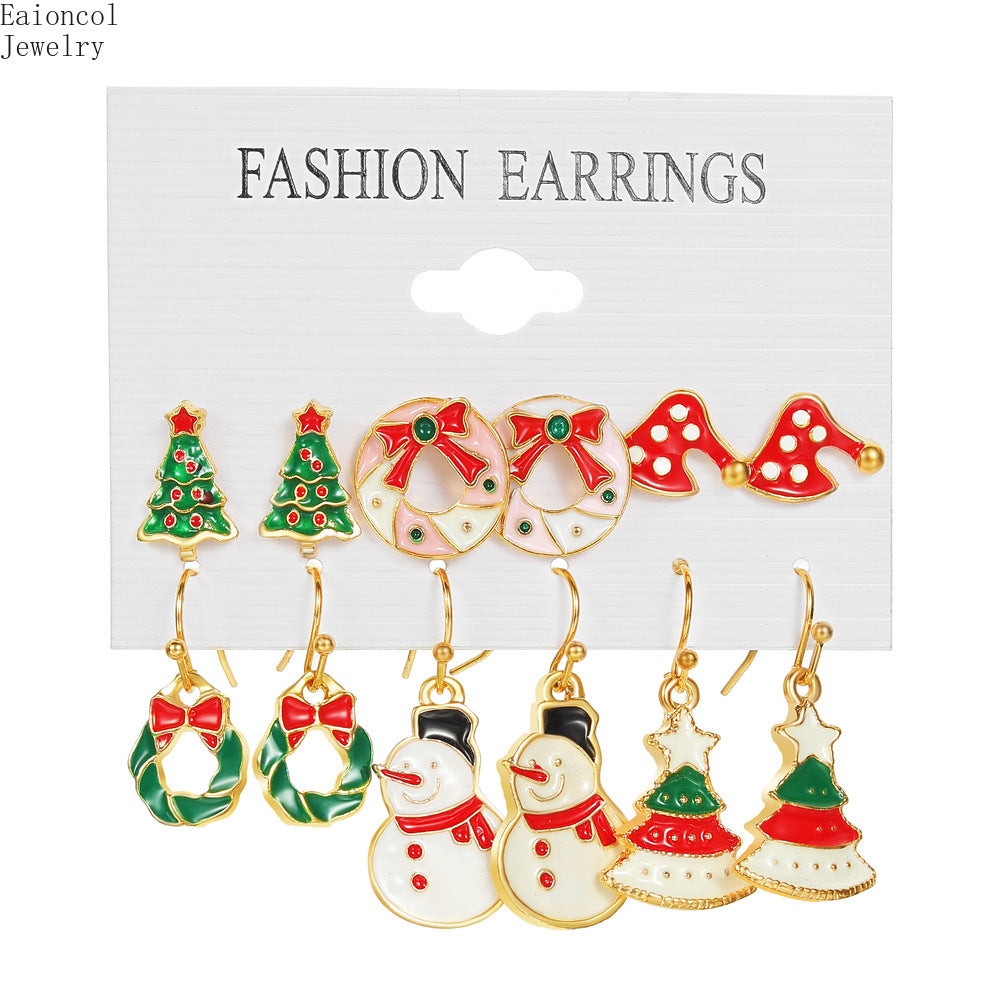 Christmas Earrings Cartoon Ear Stud Set - with Enamel Finish