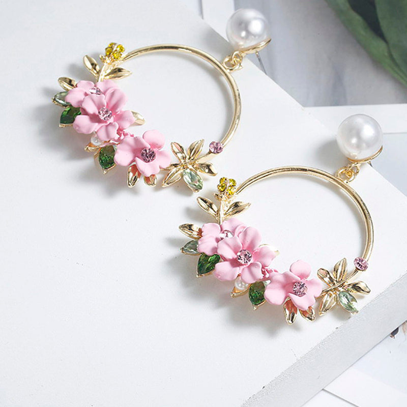 14k Trendy Cute Pink Flower Earrings with pearl