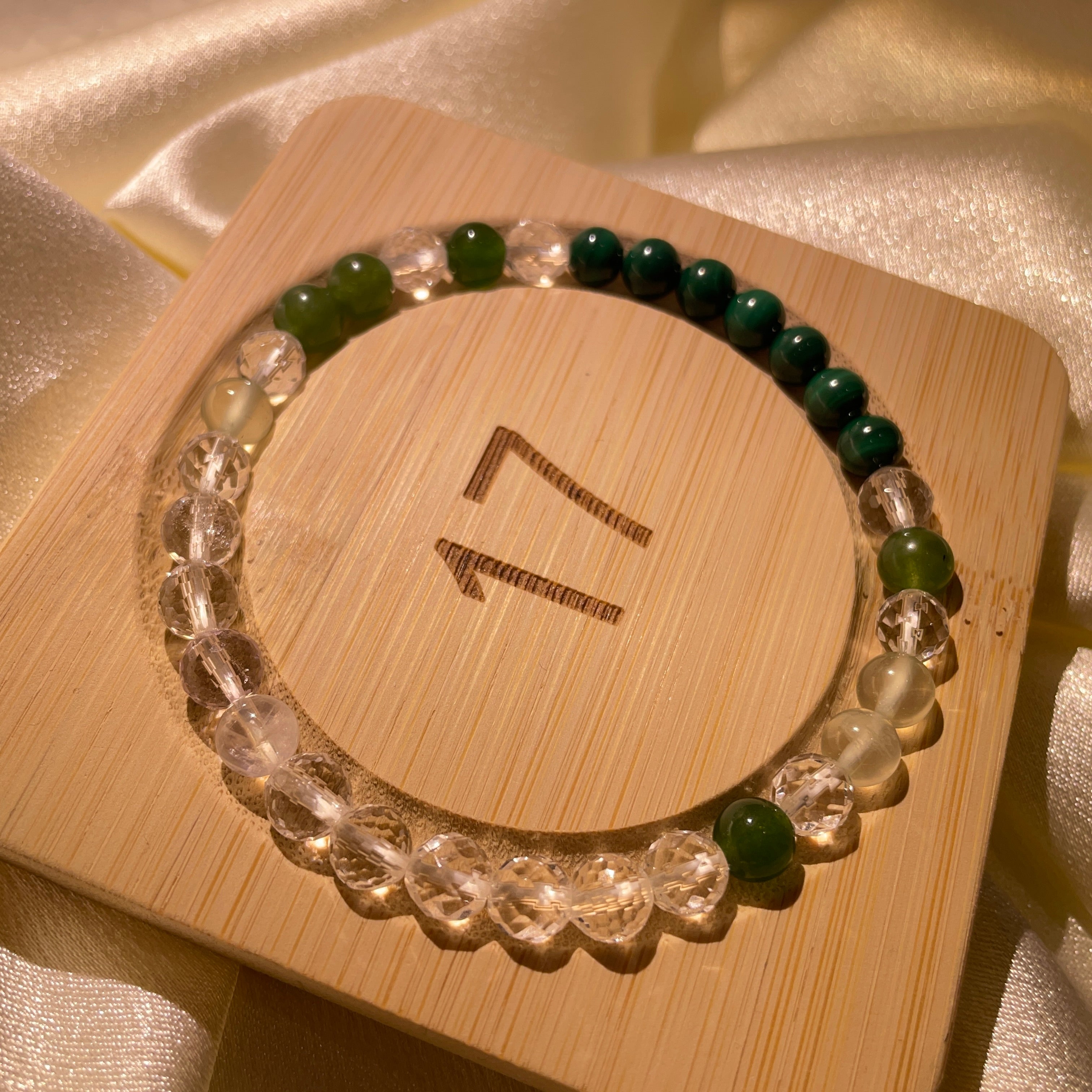 Image of a bracelet with green and blue crystals