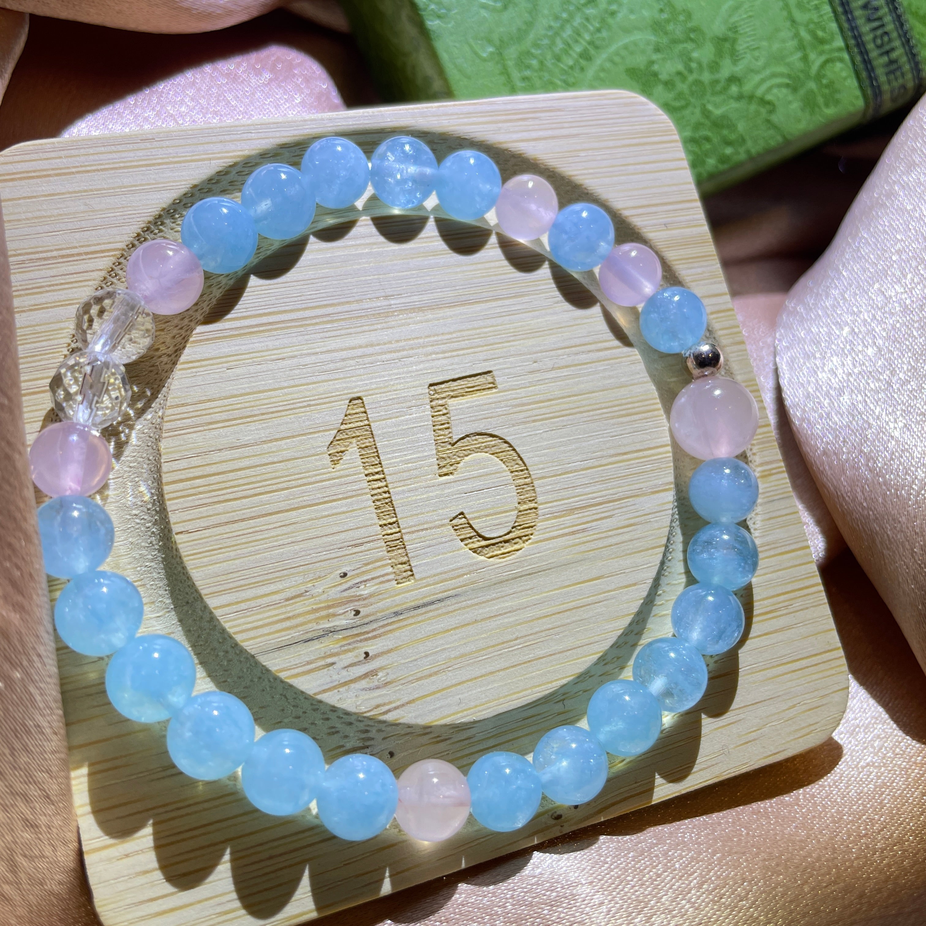 Image of a bracelet with blue and white crystals