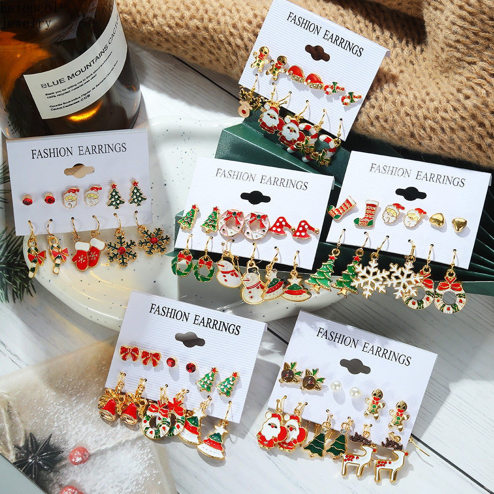 Christmas Earrings Cartoon Ear Stud Set - with Enamel Finish