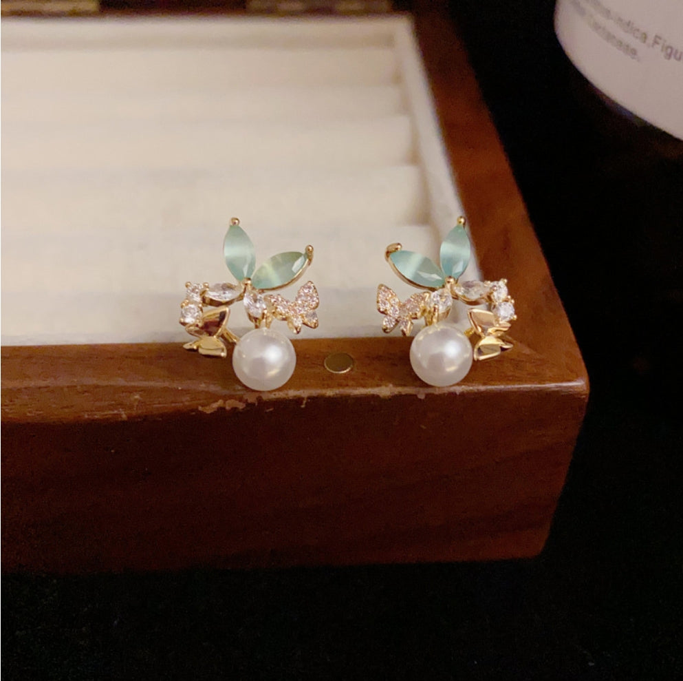 925 Silver Needle Design Zircon Butterfly Pearl Stud Earrings