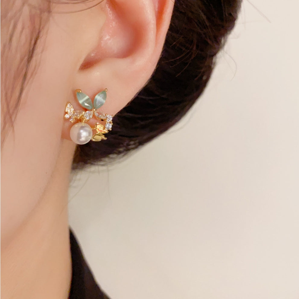 925 Silver Needle Design Zircon Butterfly Pearl Stud Earrings